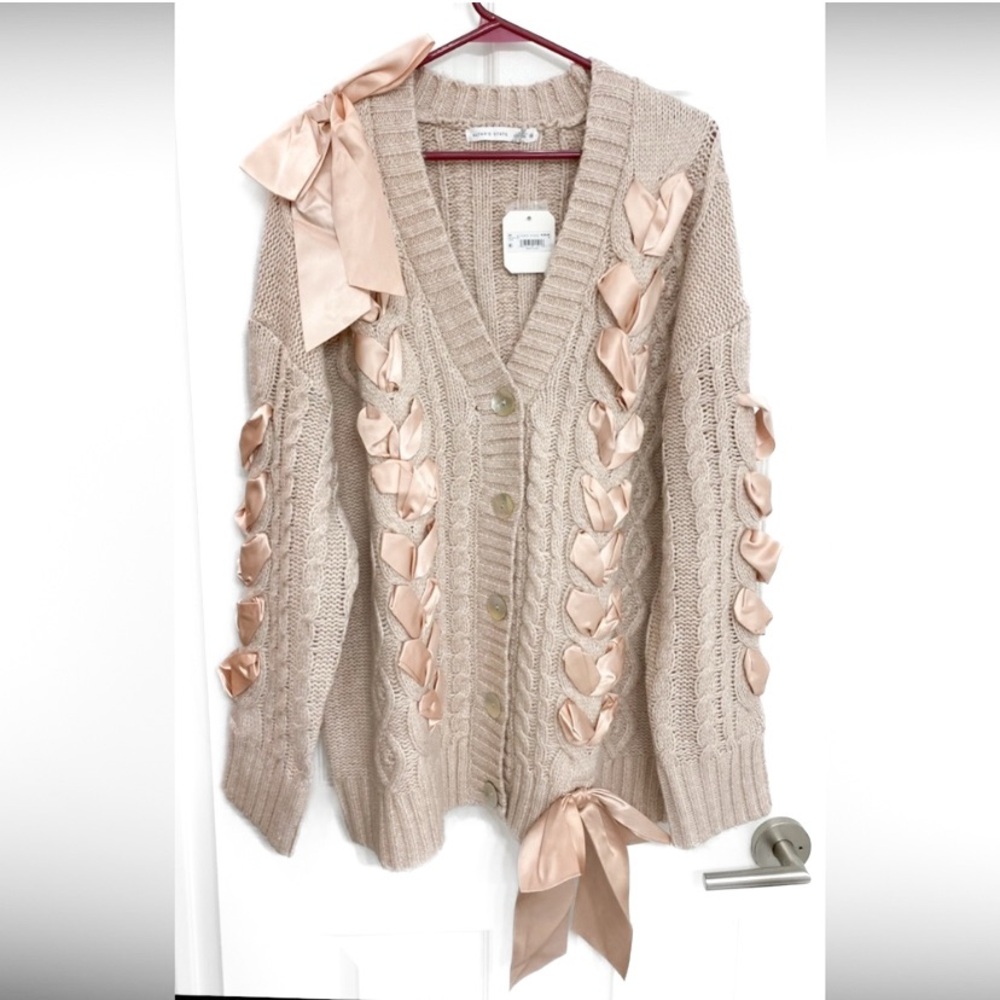 NWT - Oversized Cardigan with Pale Pink Satin Bows - Picture 3 of 6